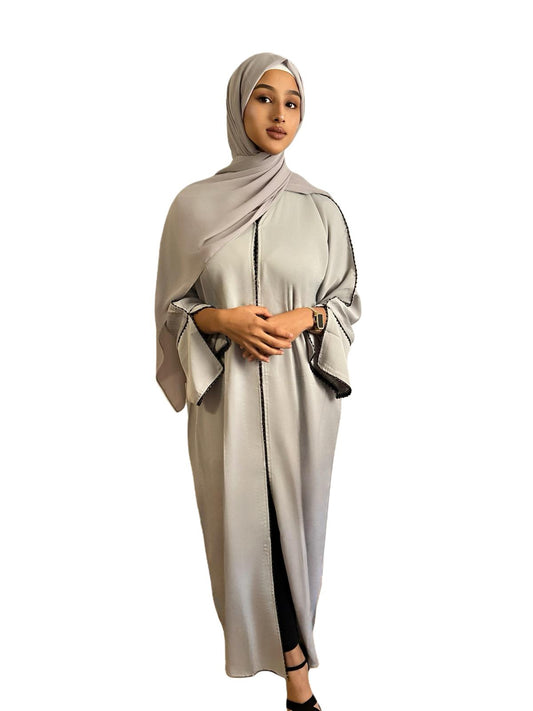 Elegant Dove Gray Abaya with Black Trim