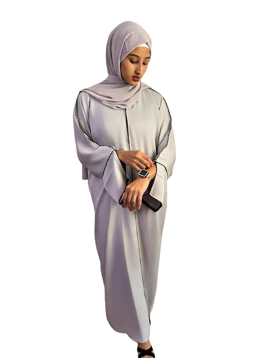 Elegant Dove Gray Abaya with Black Trim