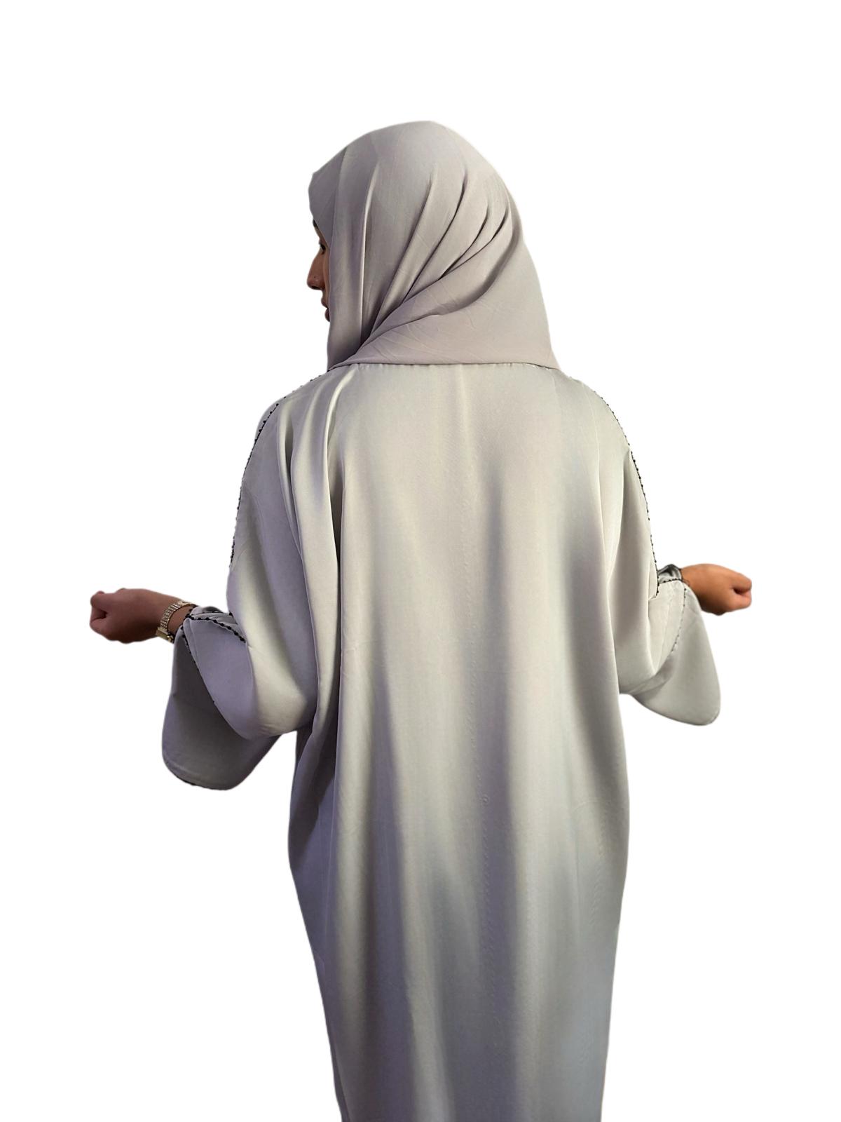 Elegant Dove Gray Abaya with Black Trim